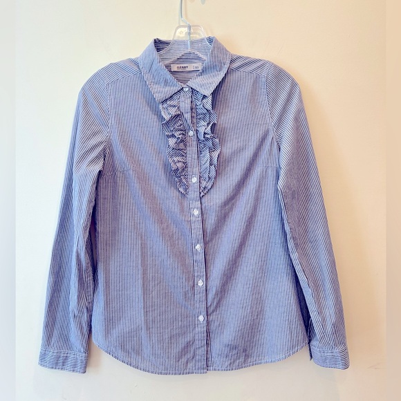 Old Navy Tops - OLD NAVY Y2K STRIPED BUTTON-UP RUFFLED BLOUSE
